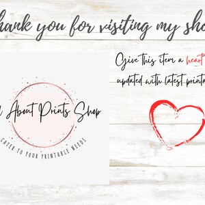 May include: A square graphic featuring the text All About Prints Shop in black script and sans-serif font over a rose gold circle with speckles. Above, the text reads Thank you for visiting my shop. To the right, text reads Give this item a heart to get updated with latest printables, accompanied by a hand-drawn red heart icon.