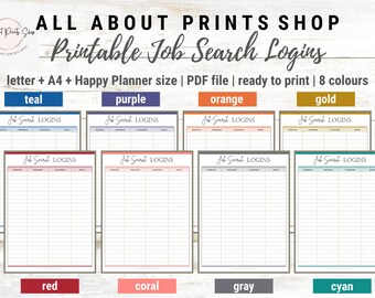 Job Search Logins Printable, Job Search Tracker | Ready to Print | 8 Different Colours | 3 Sizes with Happy Planner Size