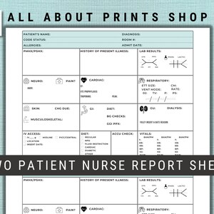 Pode incluir: Uma folha de relatório de enfermagem para pacientes imprimível com seções para informações do paciente, histórico da doença atual, resultados de laboratório, sinais vitais e muito mais. A folha é projetada para uso em um ambiente médico.