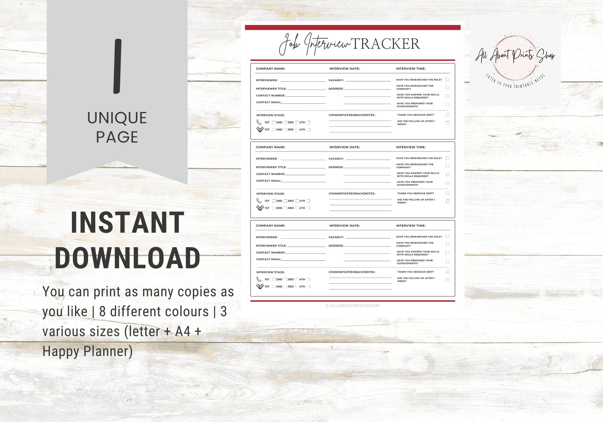 Job Interview Tracker Printable, Job Search Tracker | Ready to Print | 8 Different Colours | 3 ...