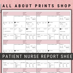 May include: Printable patient nurse report sheet with 6 patient sections. Each section includes fields for patient name, code status, allergies, diagnosis, room number, admit date, history of present illness, lab results, and vital signs. The sheet includes icons for respiratory, cardiac, neuro, and pain.