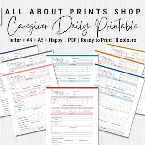 Caregiver Daily Log Book Printable | Caregiver Gift  | Caregiver Checklist | Ready to Print | 8 Different Colours | 4 Sizes