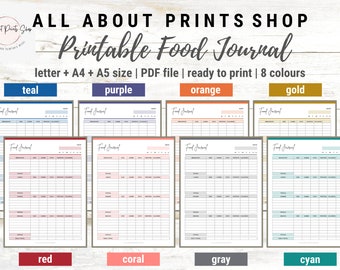 Printable Food Journal | Meal Planner | Health and Wellness Planner Inserts | Ready to Print | 8 Different Colours | 3 Sizes