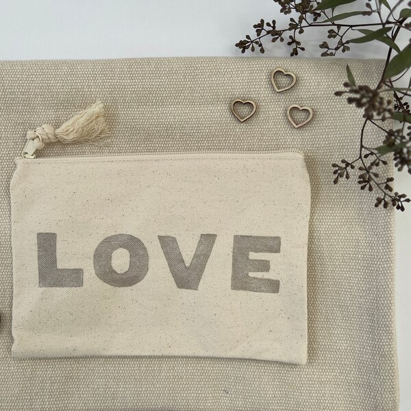 Love Pouch | Block Printed | Canvas Pouch | Neutral Style | Hand Printed | Rope Tassel | Zipper Pouch | Cotton Bag | Flat Style | OOAK