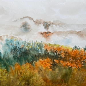 12x16 Autumn Watercolor Landscape, Original Misty Forest, Cottage Core, Foggy Mountain Clouds & Trees, Saunders Waterford Watercolor Paper
