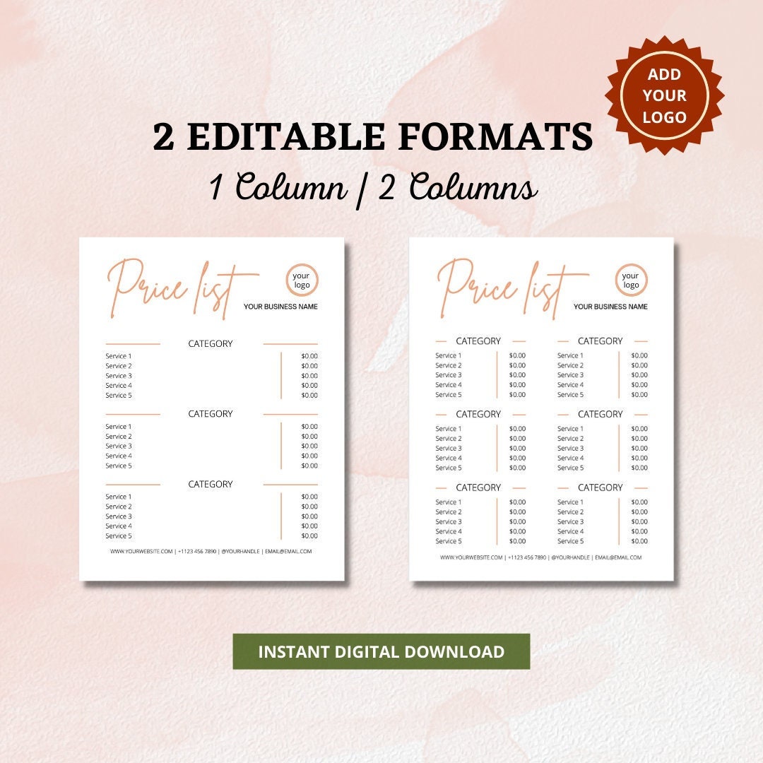 Price List Template Editable, Printable Price Sheet, Digital Price List