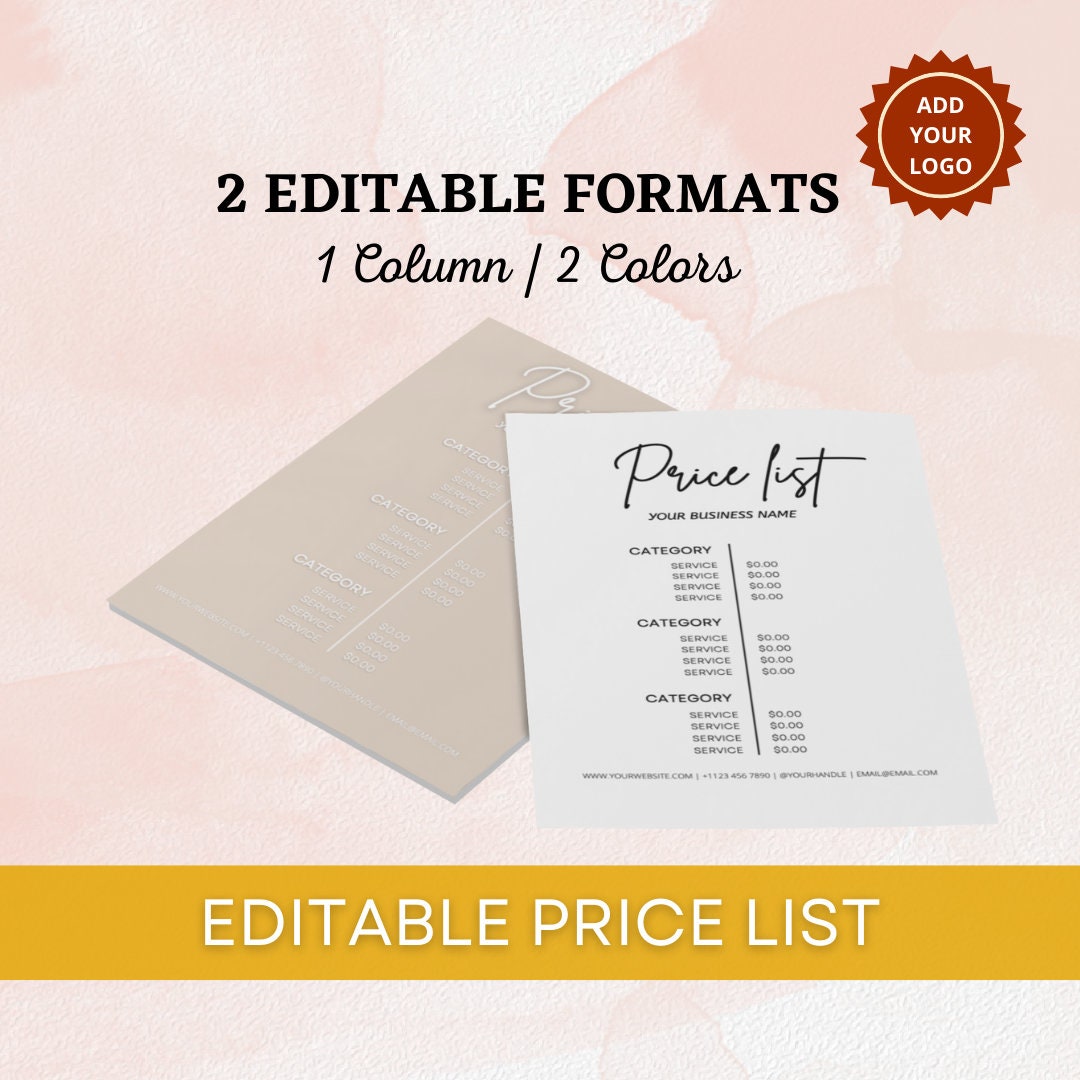 Price List Template Editable, Printable Pricelist, Digital Price List