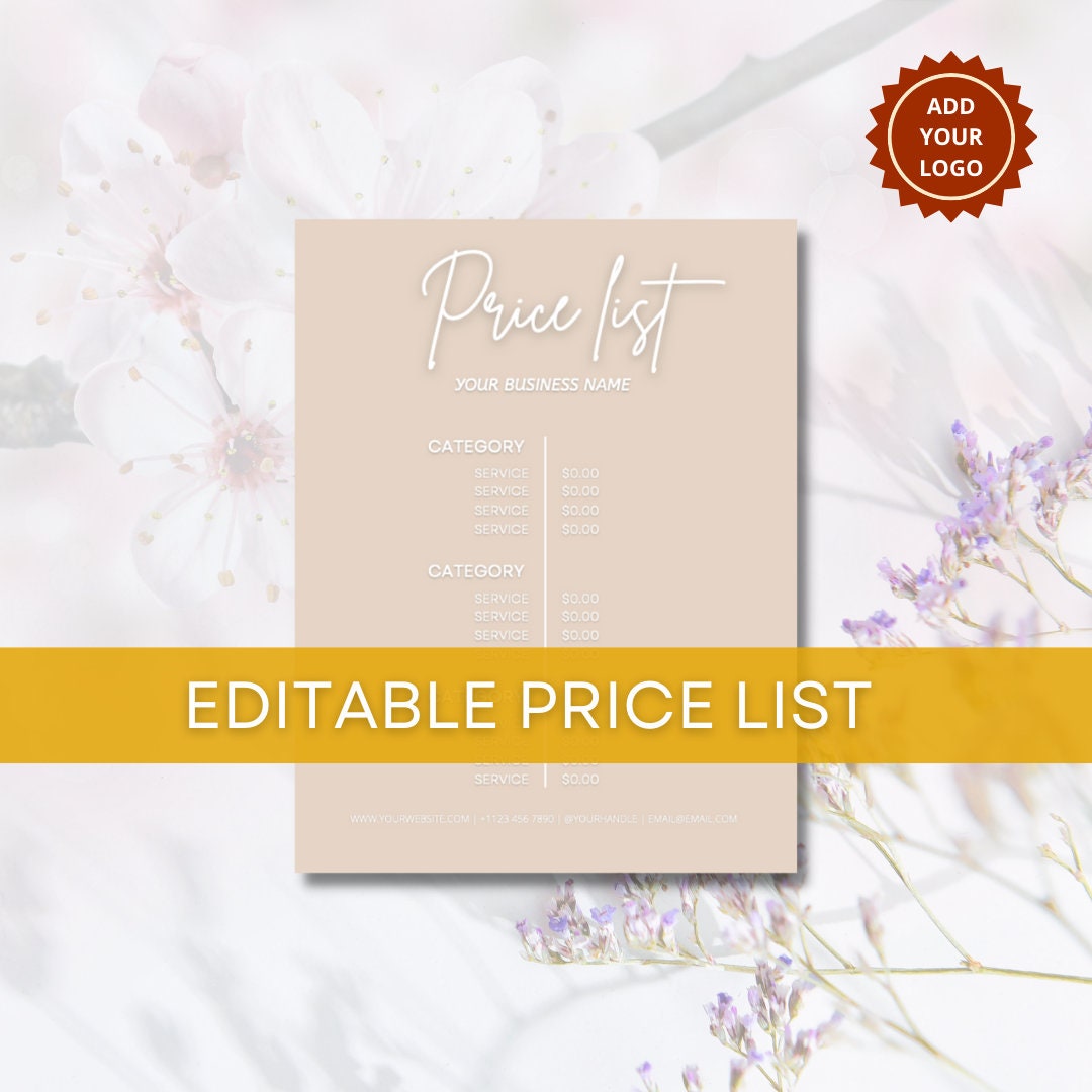 Price List Template Editable, Printable Pricelist, Digital Price List