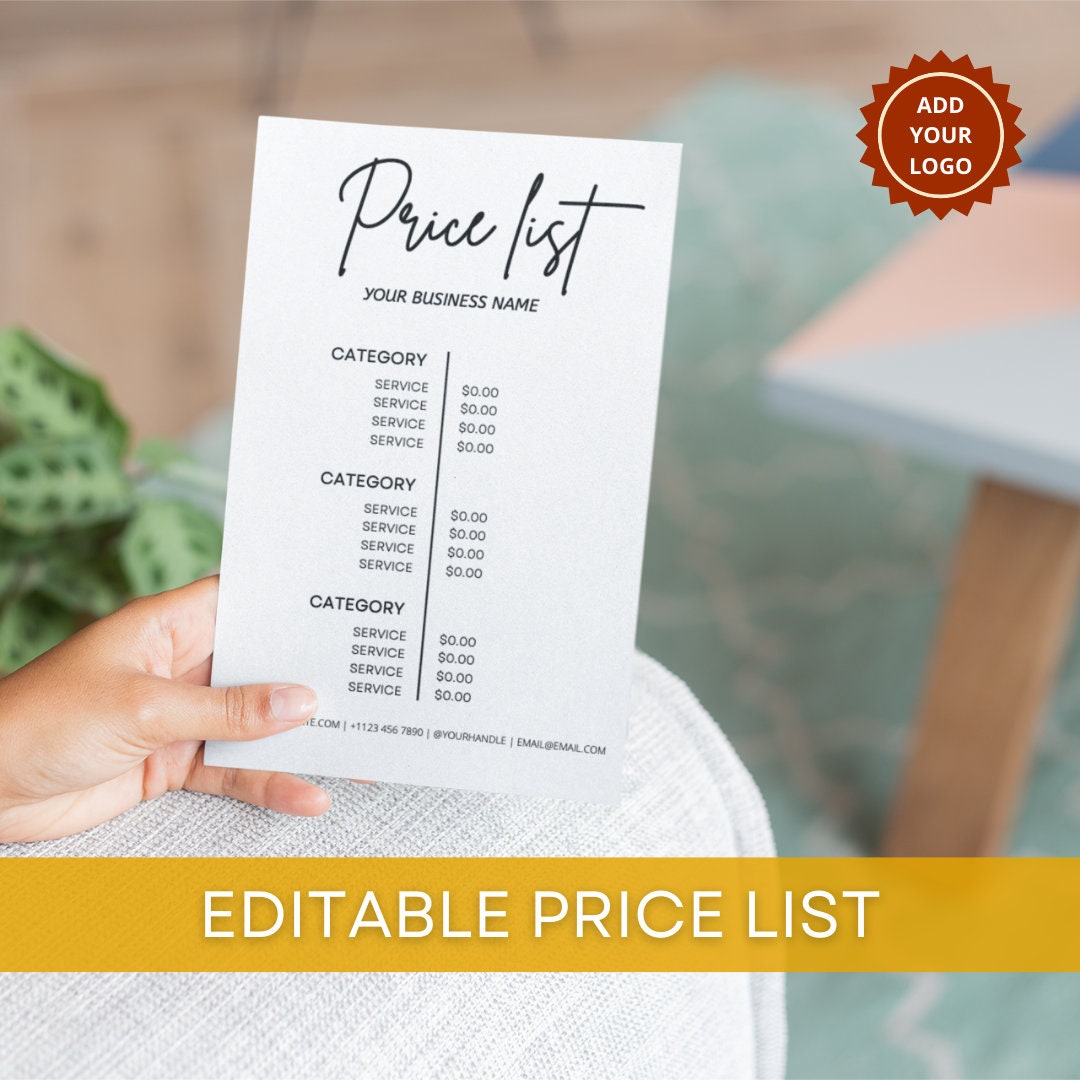 Price List Template Editable, Printable Pricelist, Digital Price List
