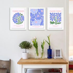 Flor en un conjunto de carteles de jarrón para la decoración del hogar, carteles de pared botánicos, decoración de estilo boho del arte floral boho del amanecer digital del mercado de flores.