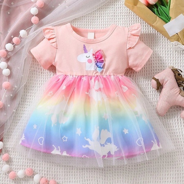 Terry Stuff Dress For Baby Girl In Unicorn Print Aqua Color main image 0