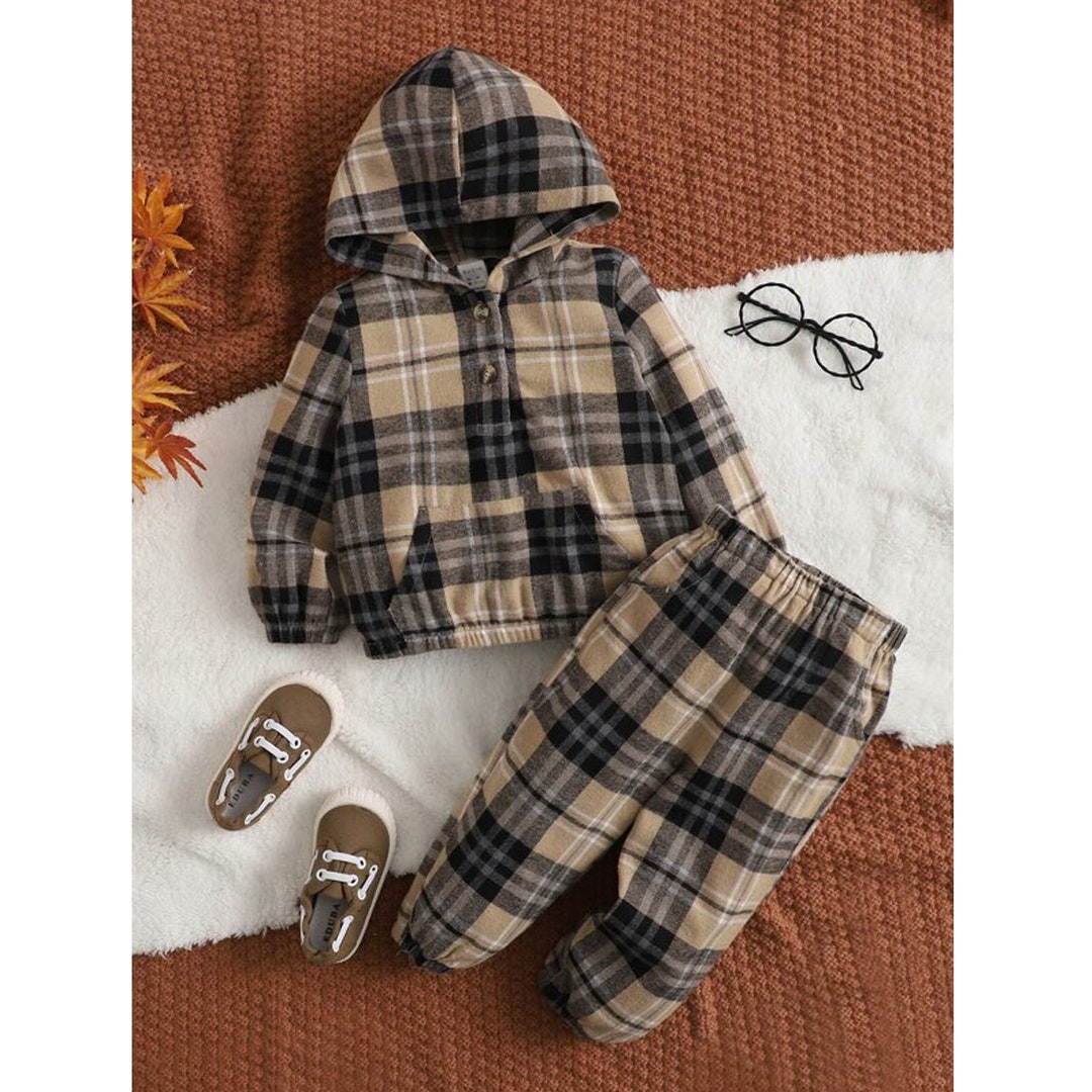 2 Piece Baby Boy Beige Brown Plaid Hoodie and Pant Sweat Suit Etsy