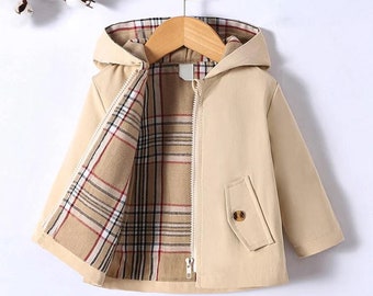 Gender Neutral Baby Boy Girl Plaid lined Hooded Tan Trench Coat Jacket Spring Fall