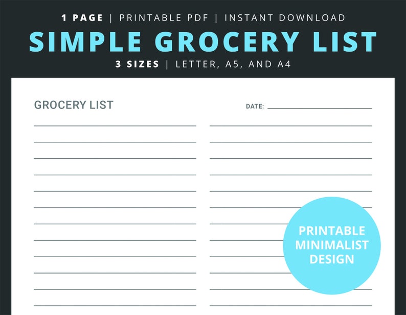 Simple Grocery List, Printable Grocery List With Notes, Grocery ...