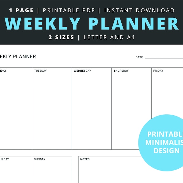 Weekly Planner Printable,  Blank and Undated Weekly Planner, Unlined Weekly Planner, Teacher Weekly Planner - 2 Sizes Letter/A4