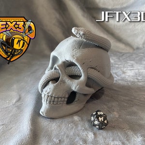 May include: A gray skull sculpture with a snake wrapped around it, and a black and white twenty-sided die. The skull has a detailed texture, and the snake is coiled around the head. The image also includes the text "JFTX3DP" and a logo with a bee.
