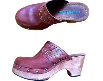 90s y2k Vintage Candie's Brown Leather Studded Wood Heel Clogs - Floral Cutouts - Womens 8 8.5