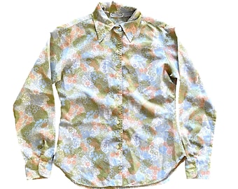 70s Vintage Floral Pointed Collar Button Front Blouse - Pastel Green Pink Blue - Womens M