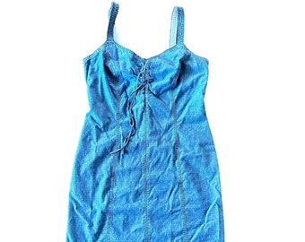 90s y2k Vintage Lace Up Denim Tank Dress - Sweetheart Neckline - Womens Medium, Large, Size 10