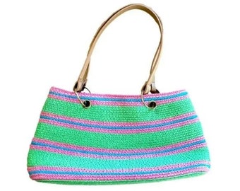 y2k Vintage Woven Straw Purse with Leather Handles  - Green Pink Blue Stripes