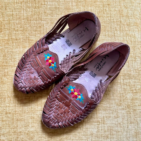 90s Vintage Brown Leather Huarache Sandals - Flor… - image 3
