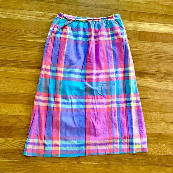 70s Vintage Bright Plaid Midi Skirt with Pockets … - image 2