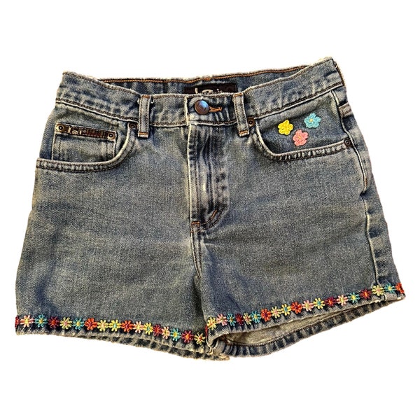 90s y2k Vintage L.E.I. Denim Daisy Shorts - Colorful Floral Embroidery - Girls 12