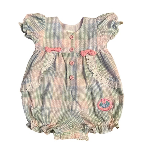 90s Vintage Pastel Puff Sleeve Gingham Bubble Rom… - image 1