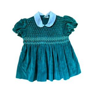 80s Vintage Green Velvet Puff Sleeve Smocked Party Dress Peter Pan Collar - Girls 2T 3T