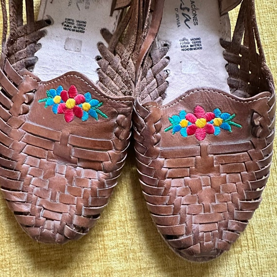 90s Vintage Brown Leather Huarache Sandals - Flor… - image 2