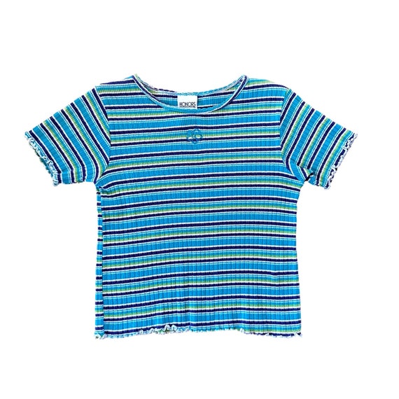 90s y2k Vintage Ribbed Lettuce Edge Tee - Blue Gr… - image 1