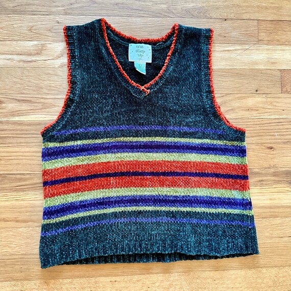90s y2k Vintage Striped V-Neck Chenille Sweater V… - image 2