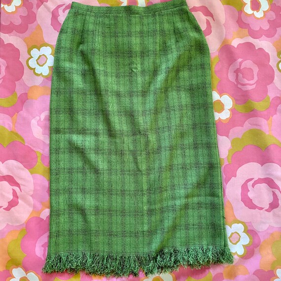 90s y2k Vintage Plaid Fringe Hem Midi Skirt - Gre… - image 2