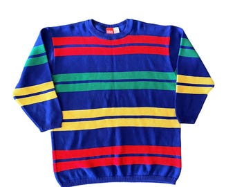 80s 90s Vintage Liz & Co Striped Crewneck Sweater Blue Primary Colors - Womens Mens Unisex L XL