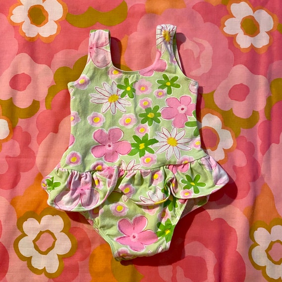 90s Vintage Floral Peplum Swimsuit - Green Pink D… - image 2