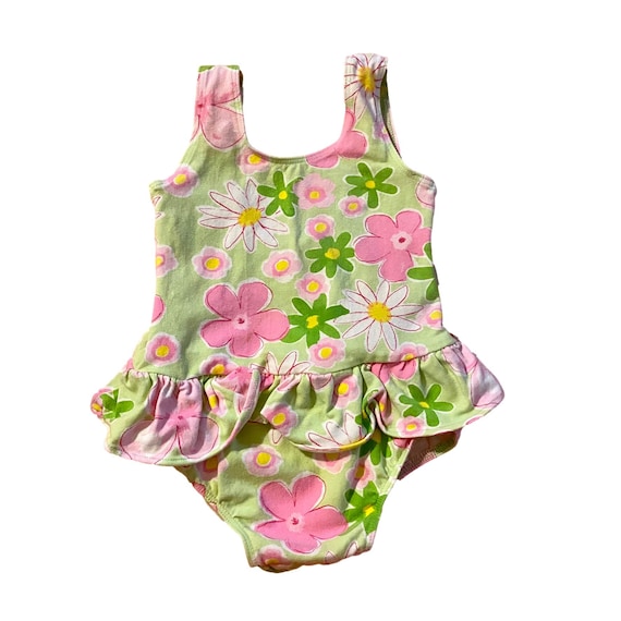 90s Vintage Floral Peplum Swimsuit - Green Pink D… - image 1