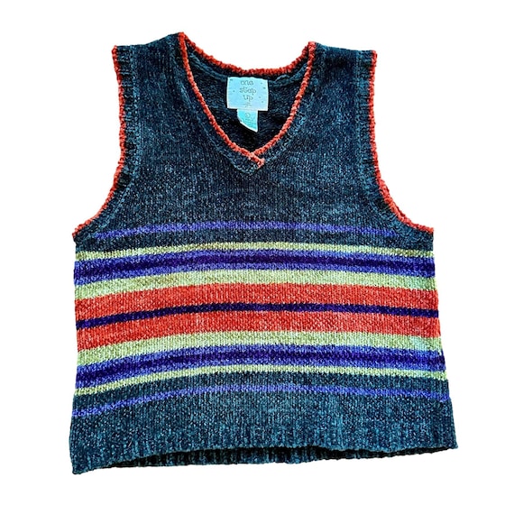 90s y2k Vintage Striped V-Neck Chenille Sweater V… - image 1