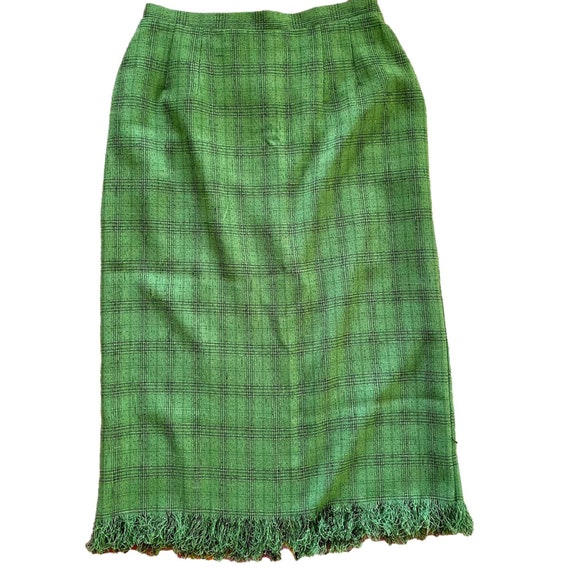 90s y2k Vintage Plaid Fringe Hem Midi Skirt - Gre… - image 1