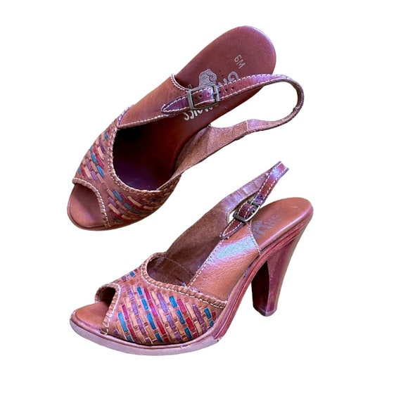 60s 70s Vintage Woven Leather Open Toe Wood Heel … - image 1