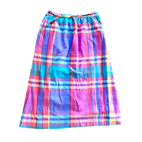 70s Vintage Bright Plaid Midi Skirt with Pockets … - image 1