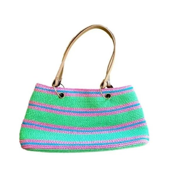 y2k Vintage Woven Straw Purse with Leather Handle… - image 1