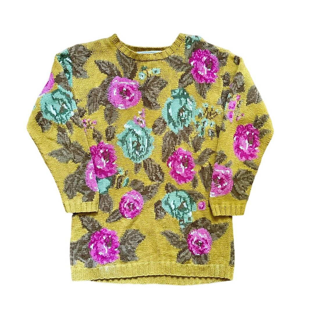 入荷now 口コミ 80s Green Pink Yellow - Sweater Print Floral Vintage 90s トップス
