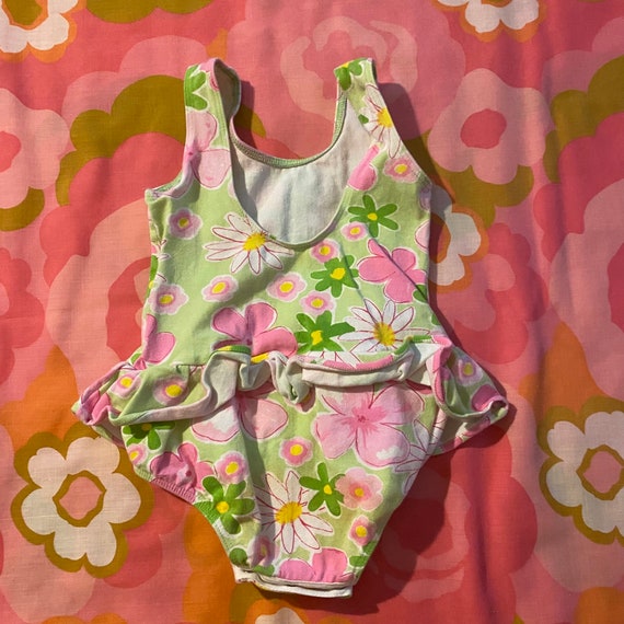 90s Vintage Floral Peplum Swimsuit - Green Pink D… - image 5