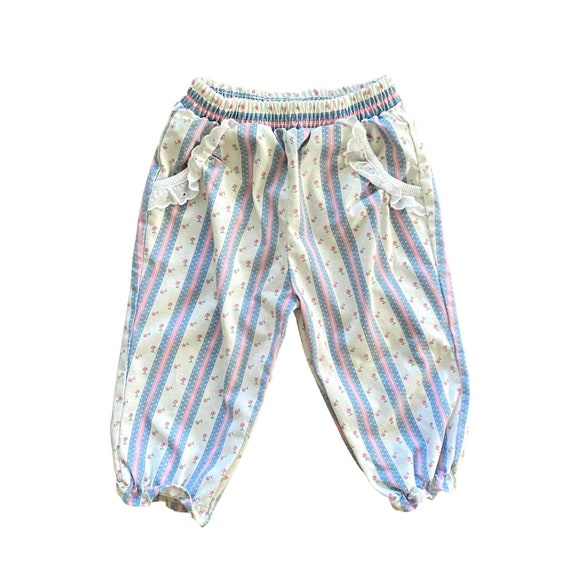 90s Vintage Pastel Striped Floral Ruffle Pants Gi… - image 1