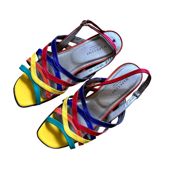 90s Vintage Colorful Strappy Leather Sandals - Multicolor Rainbow - Womens 11