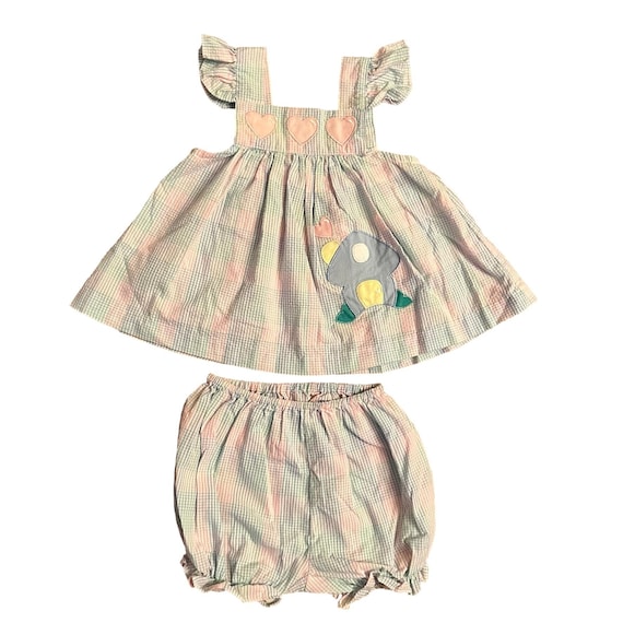 90s Vintage Pastel Gingham Hearts 2 Piece Outfit … - image 1