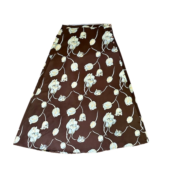 90s Vintage Button-Side Floral Midi Skirt - Brown Beige Green - Womens S M