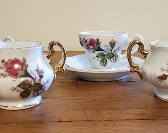 Royal Sealy Rose Pattern Child's Cups and Saucers, Creamer and Sugar Bowl.