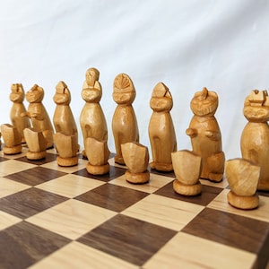 Handmade Carved Cat Chess Set - Wood Pieces and Board | Woodcarving, Hand-Carved, Cat Figurines, Cat Lover Gifts