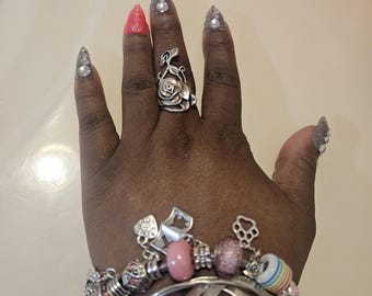 Linda pulseira de berloques europeus rosa e prata